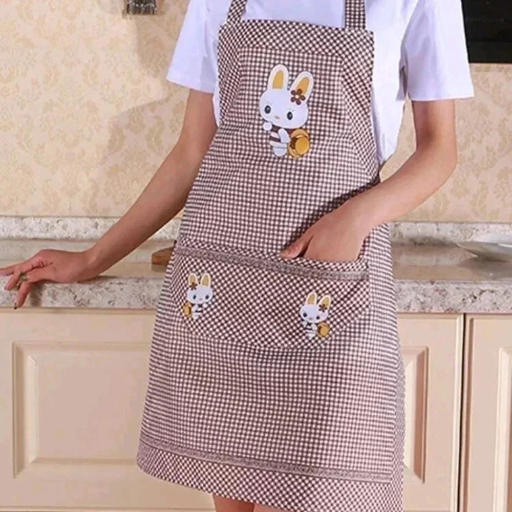 Cute funny apron with pouch bunny pocket dress kitchen brown white checkered pat